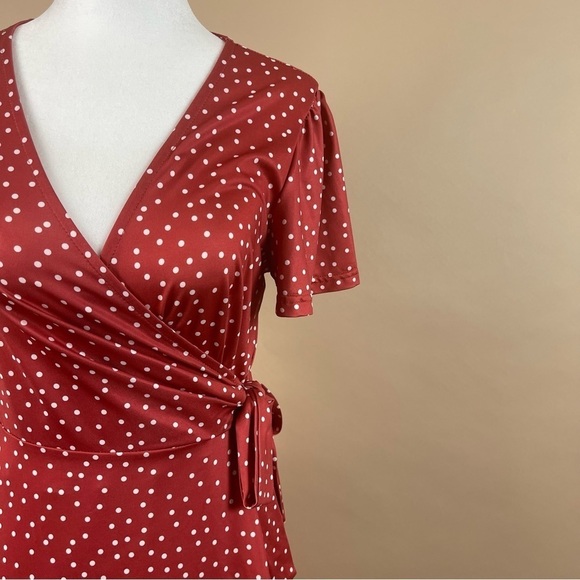 Retro Women's Small Polka Dot Ruffle Tie Wrap Flowy 50's V Neck Swing Dress - Picture 12 of 12
